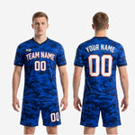 Full print custom men's soccer uniform set in Royal Blue camo, front and back view with team name chest print and matching camo shorts