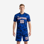 Royal Blue camo custom men's soccer jersey detail showing V-neckline and full-dye sublimation print coverage