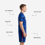 Custom men's soccer uniforms Royal Blue camo side view showing anti-wrinkle anti-pilling quick-dry and breathable fabric callouts