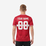 Full print crimson red soccer shirt back view showing player name arc and back number on white stripe zone