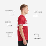 Close-up of crew neck collar on custom crimson red soccer shirt with white-tipped rib trim detail