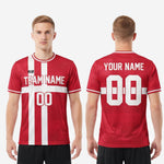 Short sleeve cuff detail on full print custom red soccer shirt showing white-tipped trim in crimson and white colorway