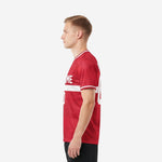 Men custom red soccer shirt crimson and white right side view showing back name placement and horizontal white band