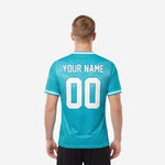 Close-up detail of full-dye sublimation chevron pattern on teal and white custom soccer top