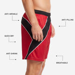 Sublimated red and black soccer shorts showing full panel construction detail from waistband to hem