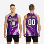Back view of custom full sublimation basketball jersey in purple and gold showing back number and player name print zone