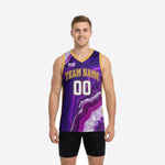 Full sublimation basketball jerseys in purple and gold geode design shown front and back on male model with team name and number