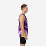 Custom purple and gold full sublimation basketball jersey front view with geode marble pattern and gold V-neck binding on male model