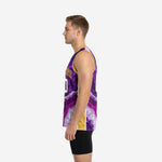 Side view of custom purple and gold sublimation basketball jersey showing gold side panel insert and armhole binding detail