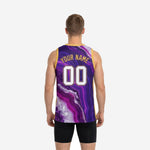 Opposite side view of purple and gold geode sublimation basketball jersey displaying gold trim and full-coverage marble pattern