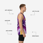 Size and specification chart for custom purple and gold full sublimation basketball jerseys in youth and adult sizes