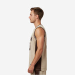 Full sublimation basketball jersey showing dark brown contrast side panel running full length from armhole to hem, left side view