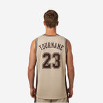 Tan and brown custom basketball jersey with three-stripe crew-neck binding and straight hem, right side profile view on adult male