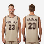 Size and spec chart for full sublimation basketball jerseys in tan and brown, showing youth and adult sizing measurements