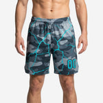 Full sublimation basketball shorts in grey camo with cyan crack pattern and sublimated player number 00 on the front leg panel