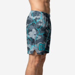 Side view of grey camo full sublimation basketball shorts showing elastic drawcord waistband and side split hem detail