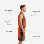 Back view of orange and navy custom basketball uniform showing back number placement on the jersey and matching navy elastic waistband on the shorts