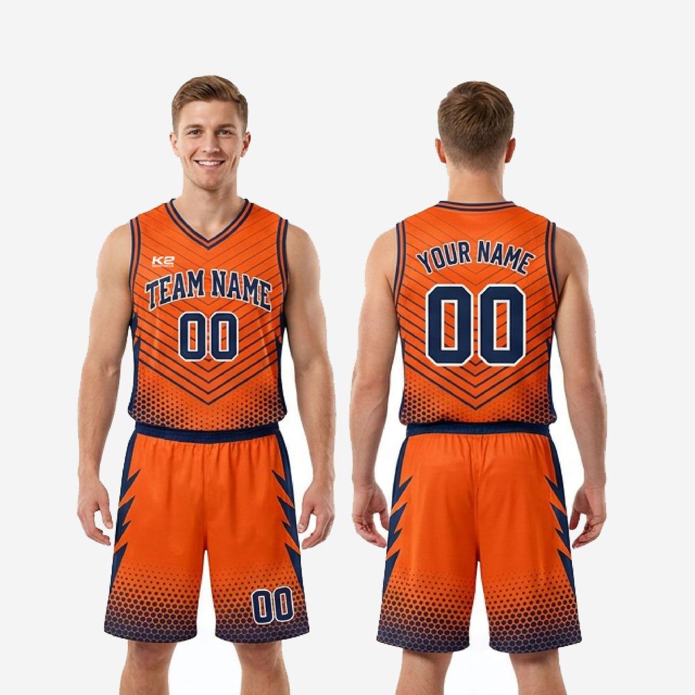 Full Sublimation Basketball Uniforms - Custom Orange Navy Chevron