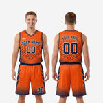 Size and specification chart for orange and navy full sublimation basketball uniforms showing youth and adult sizing measurements for jersey and shorts