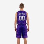 Right side view of custom basketball jersey and shorts set in purple digital camo showing elastic waistband and bound armhole detail