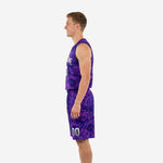 Left side profile of purple digital camo dye sublimation basketball uniform showing jersey length and shorts inseam detail