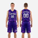 Size and specification chart for purple digital camo full sublimation basketball uniforms showing youth and adult size run