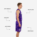 Back view of full sublimation basketball uniforms in purple digital camo showing back name, back number, and pixel pattern across the full set