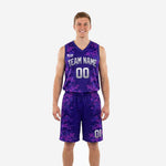 Full sublimation basketball uniforms in purple digital camo, sleeveless V-neck jersey and matching shorts with white team name and number 00 on front