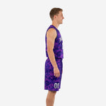 Side view of purple digital camo full sublimation basketball uniform set showing V-neck jersey and matching shorts on adult male model