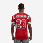 back view of red and grey full sublimation football jersey showing back number and nameplate area