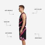 Back view of full sublimation reversible basketball uniform showing player name and back number on black side