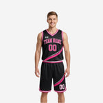 Full sublimation reversible basketball uniforms black and pink side with diagonal swoosh graphic team name and number on front