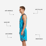 Back view of cyan reversible basketball jersey showing back number and player name placement sublimated on the bright cyan side