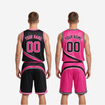 Size and specification sheet for full sublimation reversible basketball uniforms in black and pink youth and adult sizes