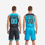 Size and specification sheet for the charcoal and cyan full sublimation reversible basketball uniform set showing youth and adult size run