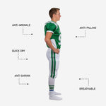 Custom youth American football uniforms back view showing back number placement, nameplate area, white pant with green outer-leg stripe running to ankle