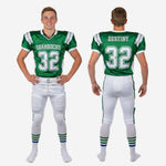 Full sublimation youth football uniform size and spec reference showing Kelly green jersey and white pants available in youth sizes for full roster ordering