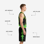 Fully sublimated neon green basketball uniform back view showing player name arc and back number on black jersey