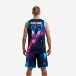 Close detail of sublimated galaxy basketball jersey with teal v-neck collar and team name placement