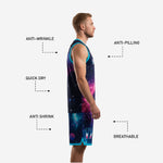 Galaxy basketball shorts with planet graphic and player number sublimated on left leg panel