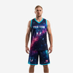 Front view of galaxy-print female basketball uniform set with navy, magenta, and teal sublimated design