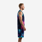 Left side view of galaxy basketball uniform kit showing teal armhole trim and star field print