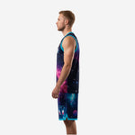 Right side view of custom galaxy basketball uniform with violet and cobalt nebula pattern on jersey and shorts