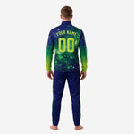 Close-up of chest detail on custom green soccer tracksuit showing team logo placement and player number in neon green sublimation print