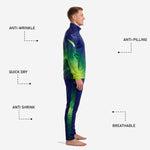 Detail view of tapered navy training pants with full-length neon green side panel stripe from custom green soccer tracksuit set