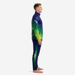 Side view of custom sublimated green soccer tracksuit showing neon green sleeve gradient and star-field detail on Royal Blue upper body