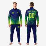 Stand collar and full-length zip detail on custom sublimated green soccer tracksuit jacket in navy and neon green galaxy gradient