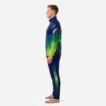 Rear side view of mens navy and neon green galaxy gradient soccer tracksuit showing full-length green side panel stripe on tapered pants