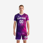 Men's galaxy-print purple soccer uniforms front view showing Royal Purple and Hot Pink gradient jersey and matching shorts with white trim