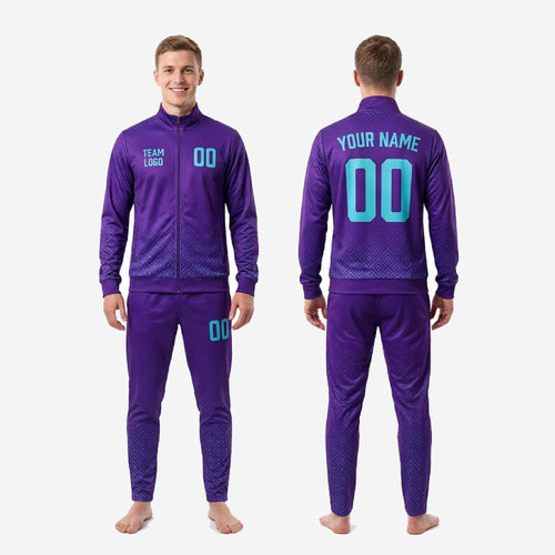 Full 2-piece mens custom purple soccer tracksuit set with geometric print, Turquoise accents, and personalized team logo placement